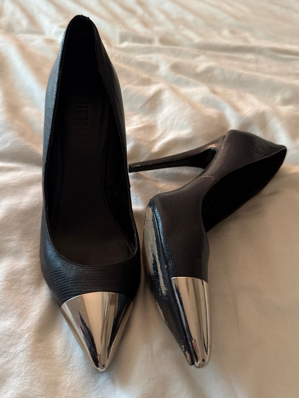 NICHOLAS black leather pointed toe pumps, size 9.5/40EU